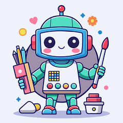 A cute teal and blue robot artist, holding a brush and pencils, with a happy expression.