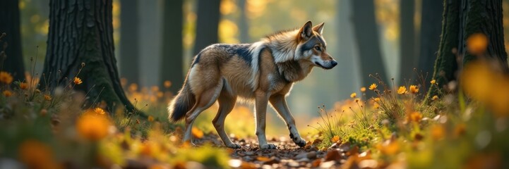 Fototapeta premium Wolf roaming freely in the woods, Woodland, forest