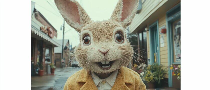 Up close rabbit smile with yellow jacket.