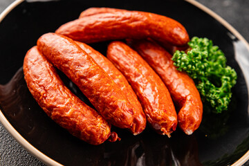 Sausage smoked pork meat beef dish fresh gourmet food background on table rustic food top view copy space