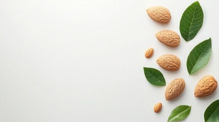 Macro Almonds with Cracked Shells & Leaves on White – Natural Organic Snack in Rustic Detail