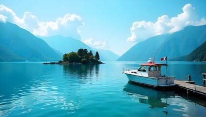 A beautiful landscape of a lake with a small island in the background. The lake is a deep blue color and the water is calm. There is a small white boat with a red roof and a white tower on top. 