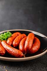 Sausage smoked pork meat beef dish fresh gourmet food background on table rustic food top view copy space