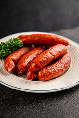 Sausage smoked pork meat beef dish fresh gourmet food background on table rustic food top view copy space