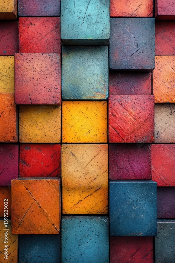 Poster colorful abstract wooden blocks arranged in a geometric pattern for vibrant background or texture us
