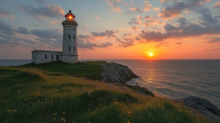 Lighthouse stands tall sunset bathes in gold.