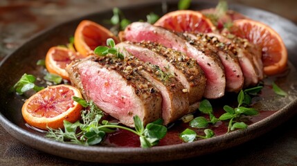 cured duck breast with blood orange red