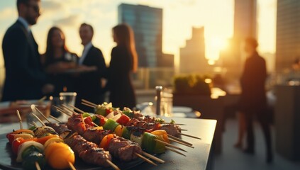 Fototapeta premium Rooftop Barbecue Sunset Soiree: City Views & Gourmet Grilling