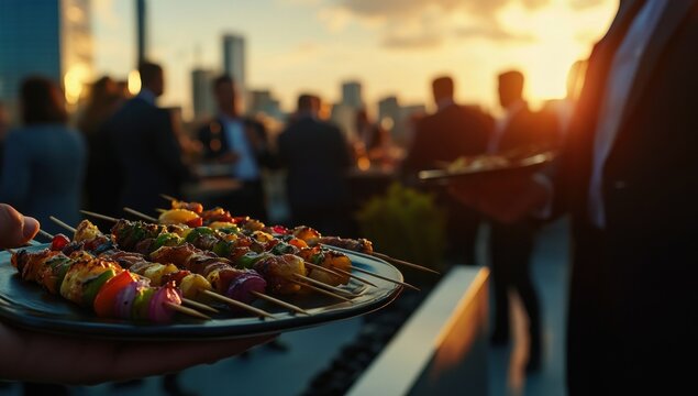 Rooftop Sunset BBQ:  Delicious Grilled Skewers at a Corporate Event