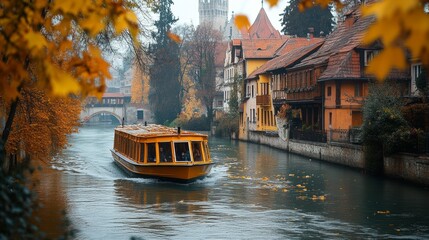 Obraz premium River town view with boat, autumn leaves, and aged buildings