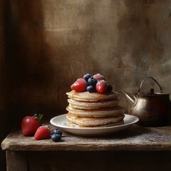 A stack of fluffy pancakes with blueberries and strawberries on top, drizzled in maple syrup