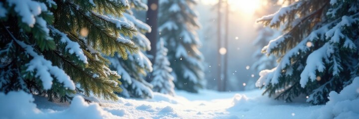 Winter forest snowflakes gently falling on evergreen trees,  christmas,  serene