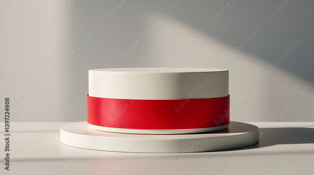 Poster white product display stand with red ribbon for product showcase and cosmetic presentation mock up d