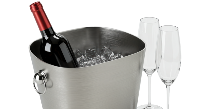 Isolated Red Wine Bottle in Ice Bucket with Glasses
