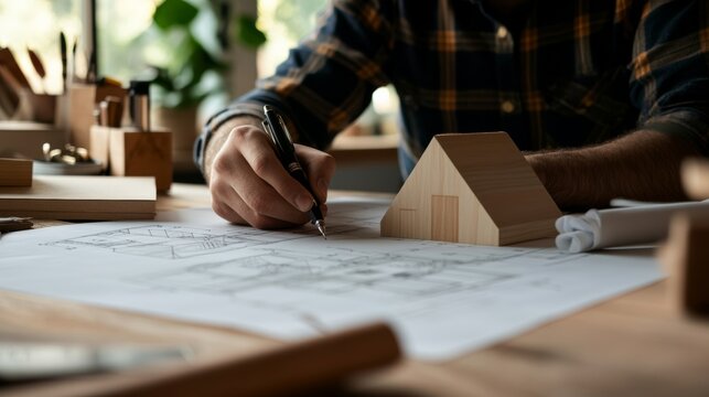 A modern interior designer planning a luxury home layout, architectural blueprints spread out,