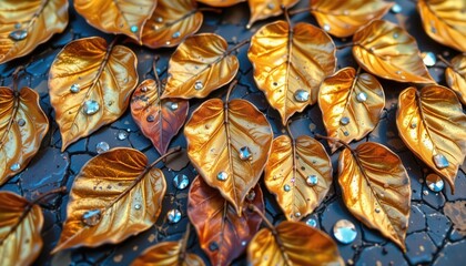 Golden Leaf Mosaic A vibrant mosaic of multiple leaves, each reflecting different angles of golden light.
