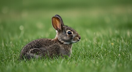 Fototapeta premium Cute bunny rabbit in green grass soft light. AI Generated
