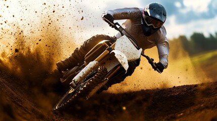 A motocross rider launching off a dirt ramp, extreme sports action shot,
