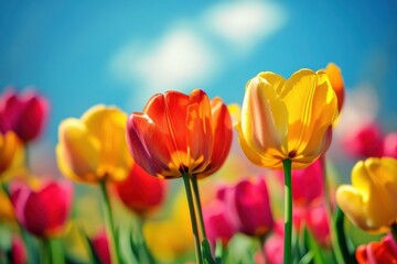 Vibrant tulips in a field under a vibrant sky