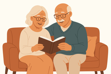 Warm Illustration of Senior Couple Reading Book Together on Cozy Orange Sofa, Elderly Grandparents Sharing Precious Moments, Retirement Lifestyle Vector Art for Greeting Cards and Family Themes