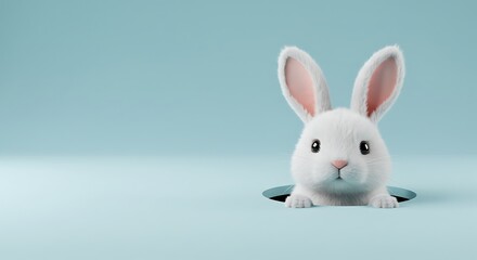 Obraz premium White Rabbit Peek a Boo From Hole on Light Blue Surface