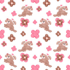 Seamless Pattern Shih Tzu Dog Cartoon in Watercolor with flower and heart