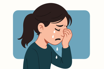 Emotional Distress Vector Illustration with Crying Young Woman Wiping Tears on Blue Background, Sadness and Grief Concept Art for Mental Health Awareness and Emotional Expression