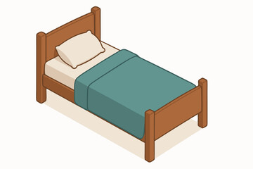Isometric Wooden Single Bed Vector Illustration with Teal Blanket and Cream Pillow, Cozy Bedroom Furniture Design for Interior Decoration, Home Furnishing Element in Minimalist Style