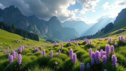 Alpine meadow with purple flowers and mountain valley at sunrise light	