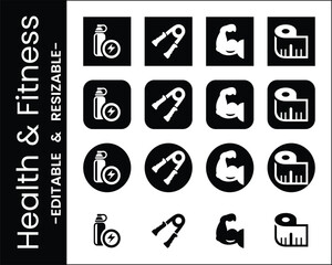 Black And White Health And Fitness Icon Set For Sports Training Equipment