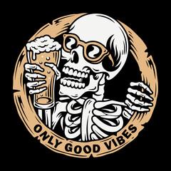 vector illustration skull drinking a glass of beer
