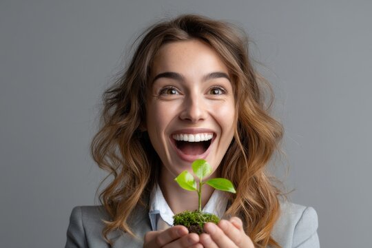A female employee showing enthusiasm with a green sprout growing out of his head, the concept of personal growth 