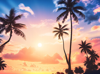 Timeless Tropical Escape: Coconut Palms Under a Sunlit Sky with,generative ai