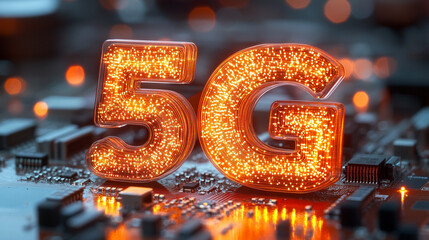 5G technology illuminated on a circuit board background