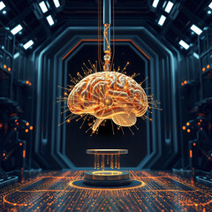 Futuristic Artificial Intelligence Brain with Neural Data Transfer in High-Tech Lab