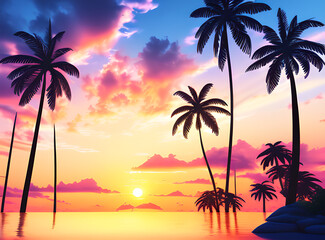 Timeless Tropical Escape: Coconut Palms Under a Sunlit Sky with,generative ai