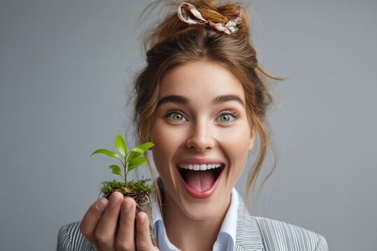 A female employee showing enthusiasm with a green sprout growing out of his head, the concept of personal growth 