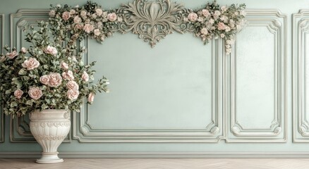 A light teal room adorned with delicate floral arrangements and ornate trim.