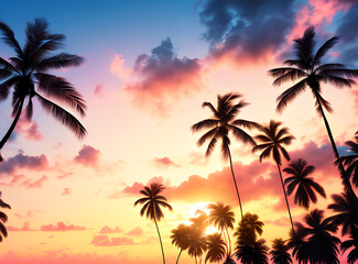 Timeless Tropical Escape: Coconut Palms Under a Sunlit Sky with,generative ai
