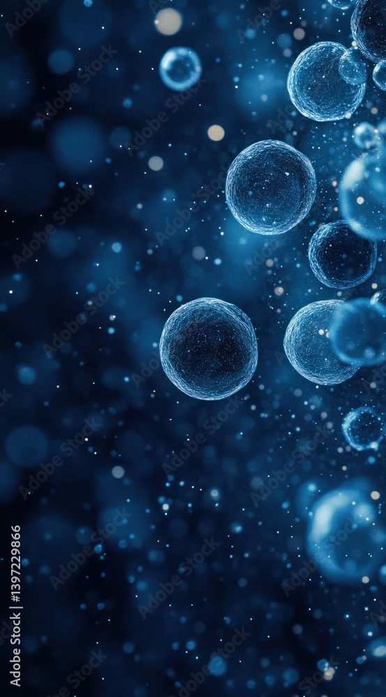 Poster Abstract visualization of blue bubbles floating in dark space with shimmering lights, creating a magical ethereal atmosphere