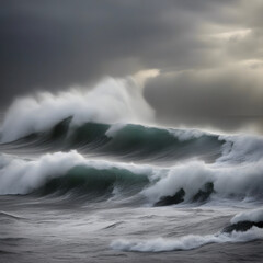 Fototapeta premium A large wave crashing into the sea with water splashing and foaming. The wave is part of a larger stormy sea with dark clouds in the background.