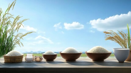 Obraz premium White Rice Varieties Displayed in Bowls with Natural Landscape and Blue Sky Background