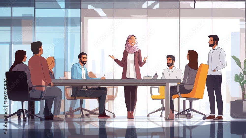 Aufkleber a diverse group of professionals gathers in a contemporary office for a business meeting, engaging i