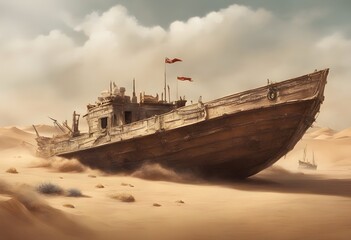 Fototapeta premium Boat broken on desert sand.
