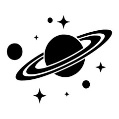Minimalist Saturn planet icon with stars and moons, space-themed black silhouette design for science graphics, educational materials, astronomy content, mobile apps, tattoo concepts, vector art