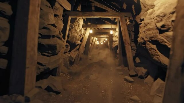 Dusty Underground Mine Tunnel with Wooden Supports and Dim Lighting

