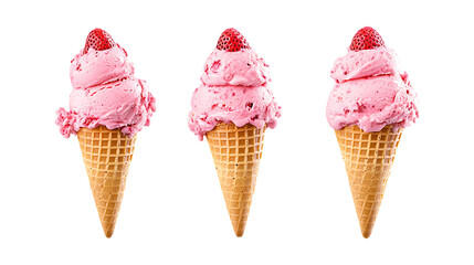 Pack of Strawberry Ice Cream Cone Set Against Transparent Background for Food or Dessert Projects