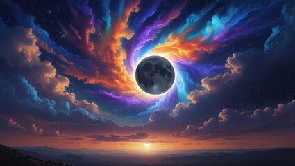Vibrant Sunset Landscape with Dark Moon and Swirling Rainbow Cloudscape