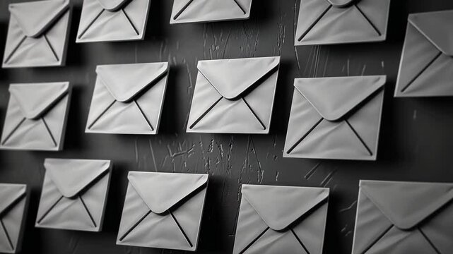 A close-up view of multiple white envelopes on a black wall, arranged in a clean, symmetrical pattern.