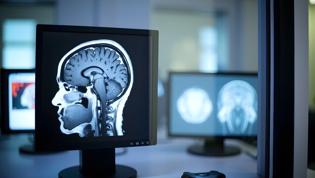 Sagittal MRI brain scan displayed on a monitor in a radiology suite.